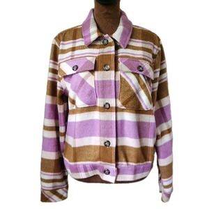 Kensie Plaid Fleece Shacket Jacket Size M Purple Tan Crop Women's Fall Button Up